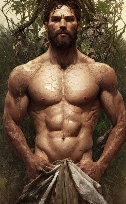 Image similar to portrait of the god of the forest, 30 years old, rugged, male, gorgeous, detailed face, amazing, thighs!!!!!!, muscular, intricate, highly detailed, digital painting, artstation, concept art, sharp focus, illustration, art by greg rutkowski and alphonse mucha