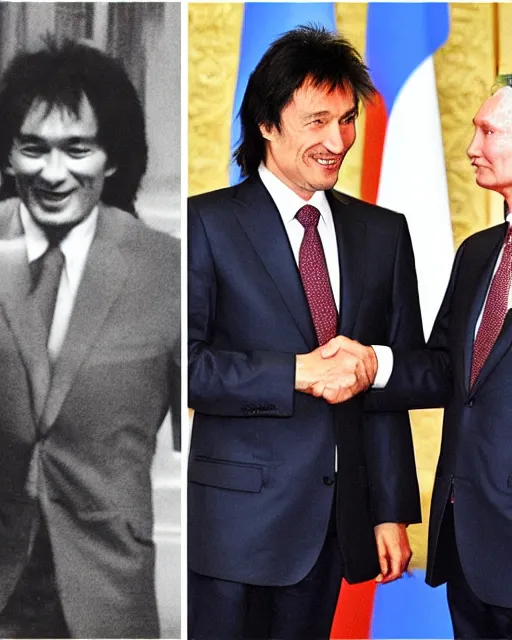 Image similar to sixty years old viktor tsoi with joyful look in a business suit shaking hands with vladimir putin, in kremlin, color photo, mid shot photo, digital photo, high resolution