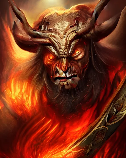 Image similar to minotaur from path of exile wielding 2 hand axe, portrait, anime, digital painting, highly detailed, intricate, trending on artstation