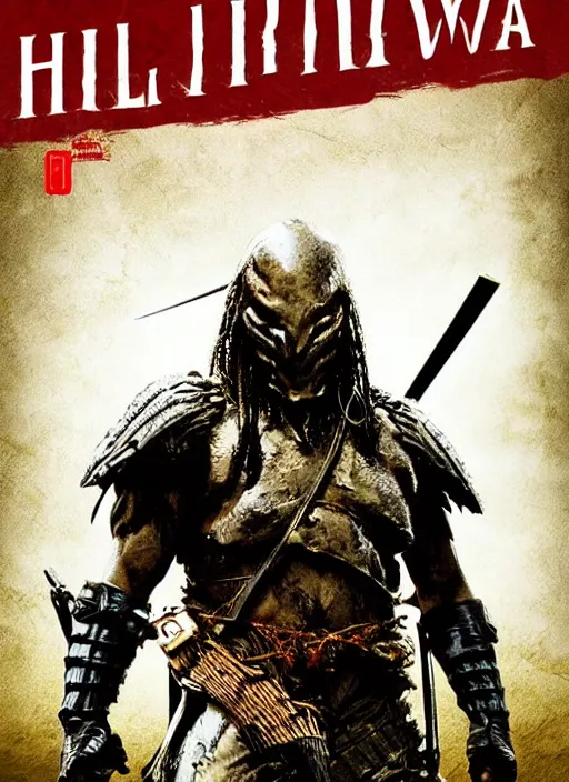 Image similar to movie poster for predator film shot in feudal japan staring hiroyuki sanada as a disgraced ronin who hunts down the predator after he fails to protect his master from it. in the style of al kallis, reynold brown, h. r. geiger.