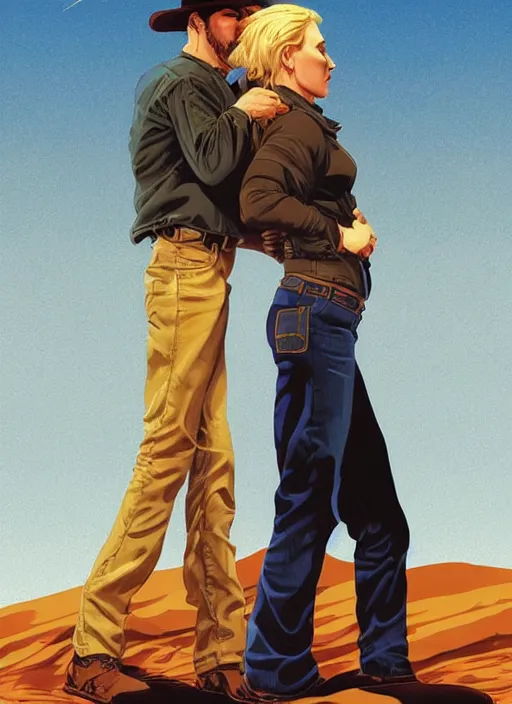 Prompt: poster artwork by Michael Whelan and Tomer Hanuka, Karol Bak of Naomi Watts & Jon Hamm husband & wife portrait, in the pose of Brokeback Mountain poster, from scene from Twin Peaks, clean, simple illustration, nostalgic, domestic, full of details