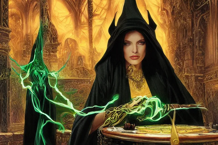 Image similar to a beautiful sorceress wearing a black robe with gold embroidery, sitting at table, casting a spell, green glows, painted by donato giancola and artgerm, in the style of magic the gathering, highly detailed digital art