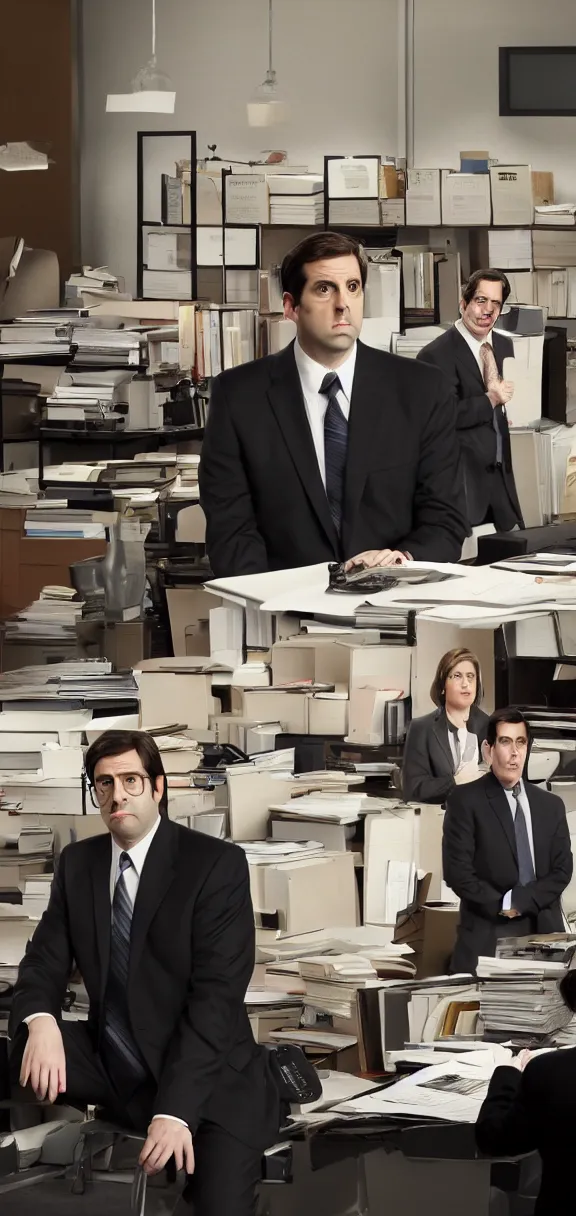 Image similar to minimalistic high definition cinematic still from tv show the office, background set, high quality, vertical image