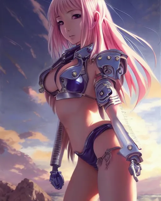 Image similar to portrait Anime Girl in bikini armor cute-fine-face, pretty face, realistic shaded Perfect face, fine details. Anime. Warhammer, futuristic, cyberpunk realistic shaded lighting by katsuhiro otomo ghost-in-the-shell, magali villeneuve, artgerm, rutkowski Jeremy Lipkin and Giuseppe Dangelico Pino and Michael Garmash and Rob Rey