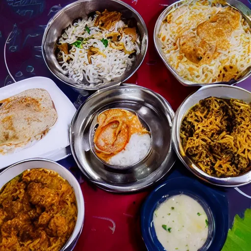 Prompt: A college student is eating chicken biryani in an Andhra mess, highly detailed, 4k, realistic faces, portrait shot, 30mm wide angle