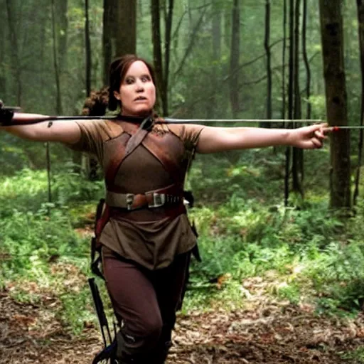 Prompt: movie still of Danny Devito as Katniss Everdeen in The Hunger Games