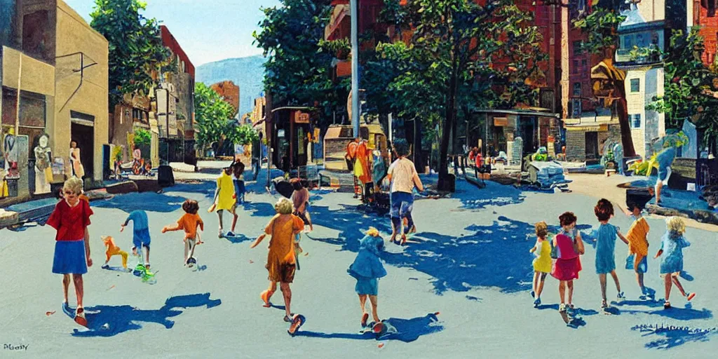 Image similar to kids in the street in summer, painting by robert vickrey