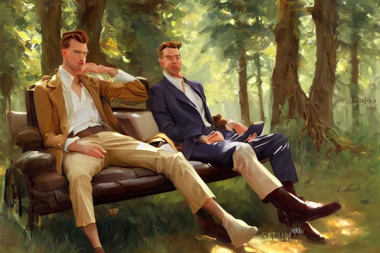 Prompt: 2 attractive men sitting on a coach in forest, painting by vladimir volegov, j. c. leyendecker, tom of finland, trending on artstation