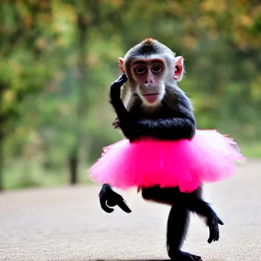 Prompt: photography of a monkey wearing a tutu riding a unicycle