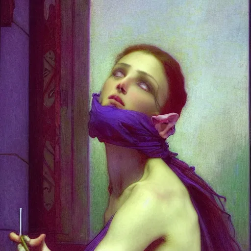 Image similar to dramatic cinematic scene of Death taking a selfie, modern, mucha, colorful, Inspired by William Adolphe Bouguereau, and Donato Giancola, mucha, purple, black, highly rendered, beautiful, cyberpunk, moody lighting, glowing light and shadow, atmospheric, studio lighting, 8K