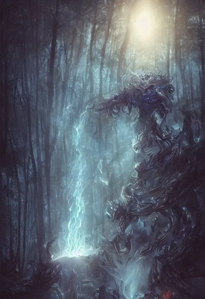 Image similar to a fancy portrait of a celestial using blue flames standing in a large forest by greg rutkowski, sung choi, mitchell mohrhauser, maciej kuciara, johnson ting, maxim verehin, peter konig, bloodborne, 8 k photorealistic, cinematic lighting, hd, high details, dramatic, dark atmosphere, trending on artstation