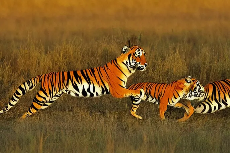 Image similar to 2 animals, one antelope and one tiger, the antelope is chasing the tiger golden hour, 6 0 0 mm, wildlife photo, national geographics