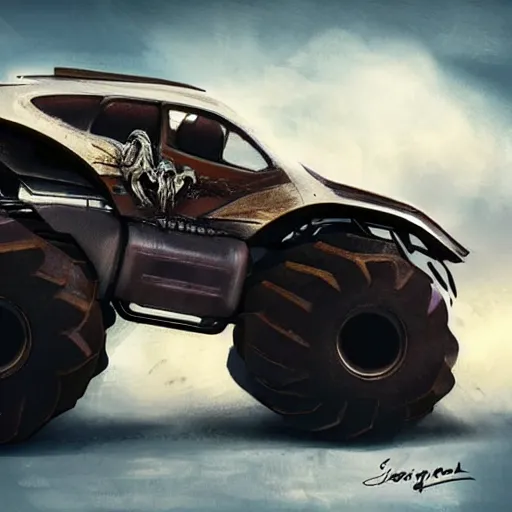 Prompt: futuristic concept art of a monster truck fitted with angel wings, metallic, dark, high detail