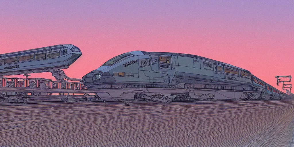 Image similar to weird west futuristic bullet train into the sunset, desaturated delicate illustration by moebius jean giraud