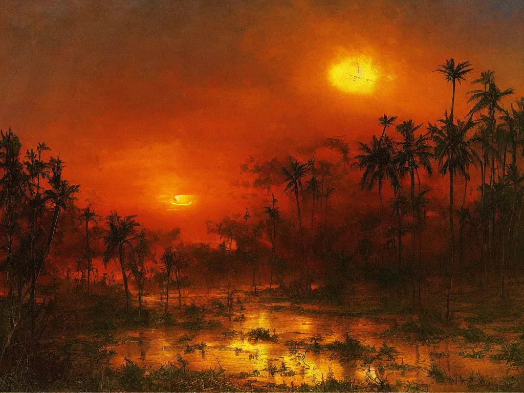 Image similar to a post apocalyptic west florida landscape after a nuclear war, beautiful radioactive sunset lighting, beautiful painting, miami beach, painted by albert bierstadt