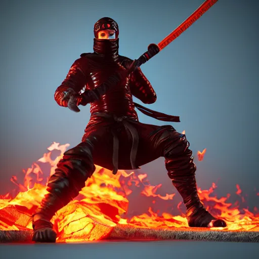 Prompt: a ninja with a sword in a fire background, 3 d render octane, trending on artstation