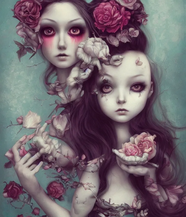 Image similar to pop surrealism, lowbrow art, realistic alone cute alice girl painting, japanese street fashion, hyper realism, muted colours, rococo, natalie shau, loreta lux, tom bagshaw, mark ryden, trevor brown style