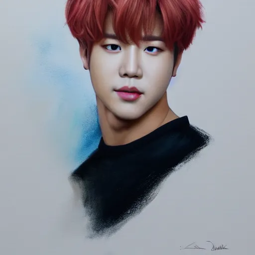 Image similar to wide angle full body portrait of Park Jimin of BTS, with a perfect face and perfect body, thin waist, plump lips, intricate, single face, wearing greek Palla, ethereal, men fall for him, short blonde hair, blue eyes, hunter eyes, highly detailed, digital painting, artstation, concept art, smooth, sharp focus, illustration, Unreal Engine 5, 8K, art by artgerm and greg rutkowski and alphonse mucha