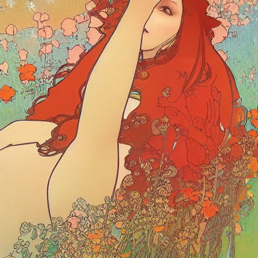 Image similar to A girl lying on a bush, hopeful ,rose .red and orange theme by mucha and murata range