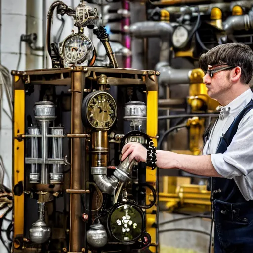 Image similar to A random pointless contraption ((steampunk)) industrial appliance pneumatic machine with no apparent purpose, being operated by a scholarly looking man with a clear directed gaze, XF IQ4, f/1.4, ISO 200, 1/160s, 8K, RAW, unedited, symmetrical balance, in-frame