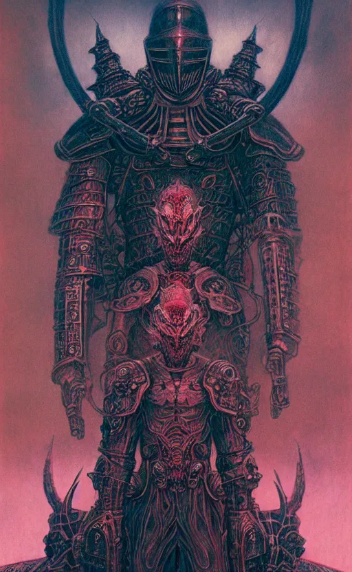 Image similar to an old temple knight in armor, king of hell, inside page of comic book, psychedelic lights and fog, in the style of zdzislaw beksinski, ayami kojima, takato yamamoto, barclay shaw, karol bak, glowing light and shadow, hyperrealist