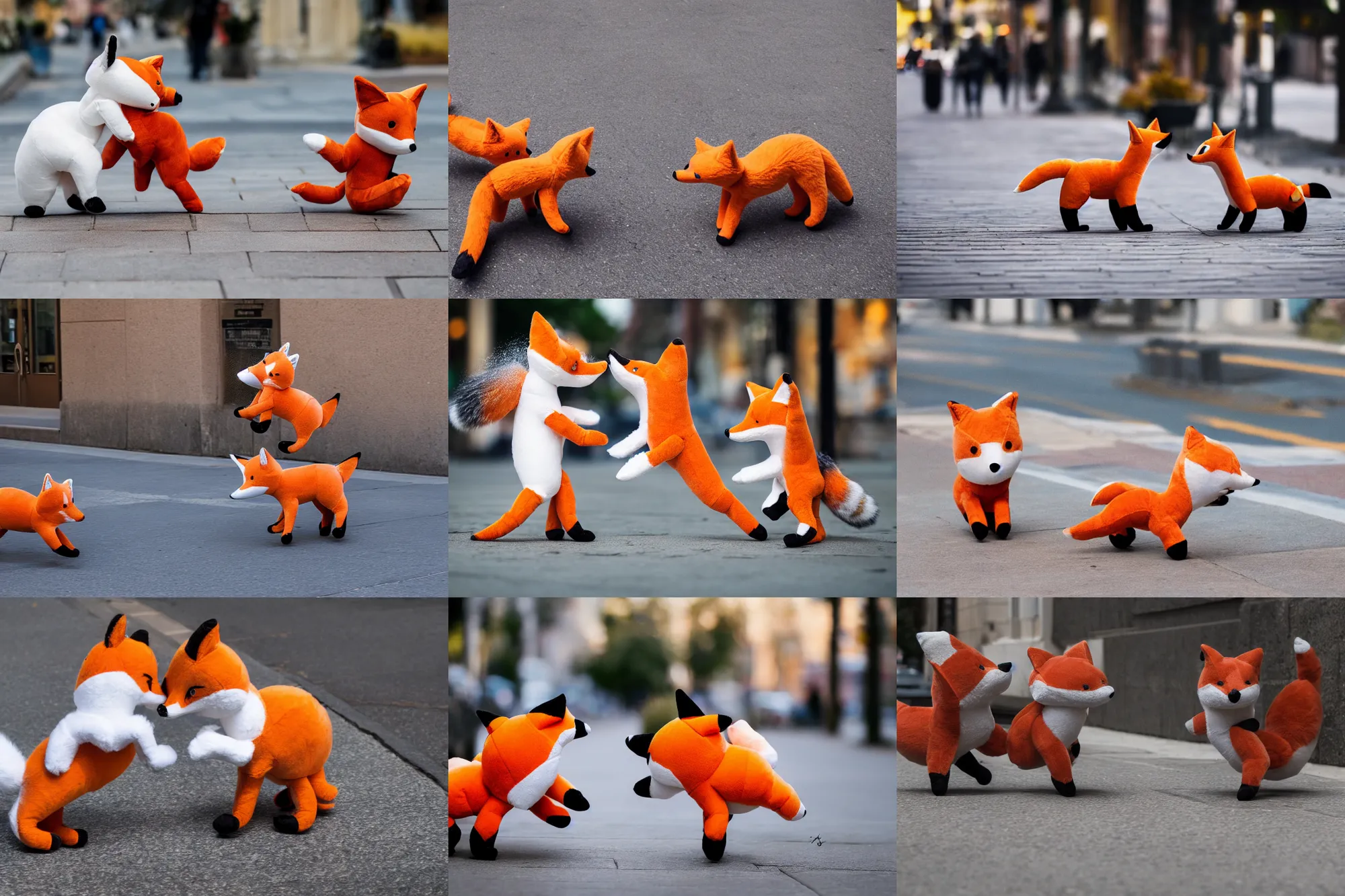 Prompt: Two fox plushies fighting on the sidewalk, dynamic, motion blur, 1/4 shutter speed, award winning photography