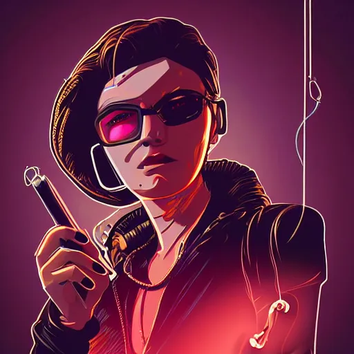 Prompt: cyberpunk woman, cigarette dangling, grenade in hand, vector graphic by jason chan, ultradetailed, 8 k