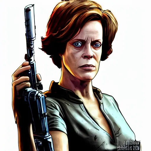 Image similar to sigourney weaver portrait, borderlands, tales from the borderlands, the wolf among us, comic, cinematic lighting, studio quality, 8 k