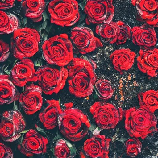 Prompt: charred red roses, closeup