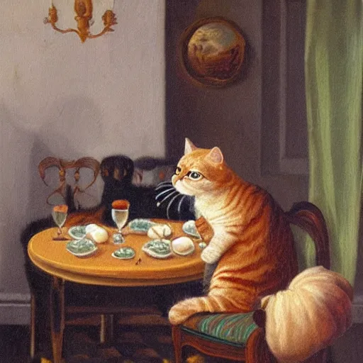 Image similar to cat eating dinner alone, Rococo oil painting