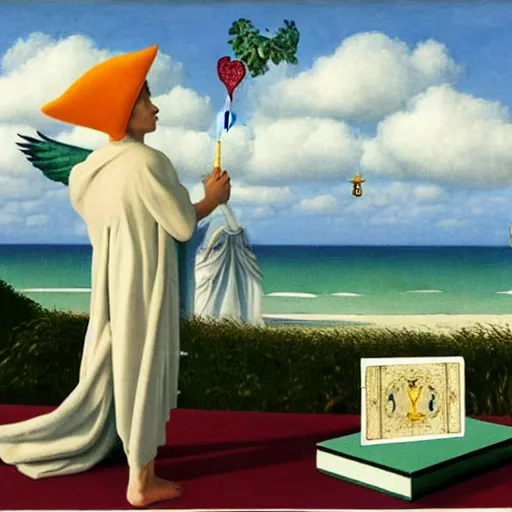 Prompt: An angel with jester hat and clothes on the front of a Balustrade with a beach on the background, major arcana cards, by Rene Magritte, hyperrealistic