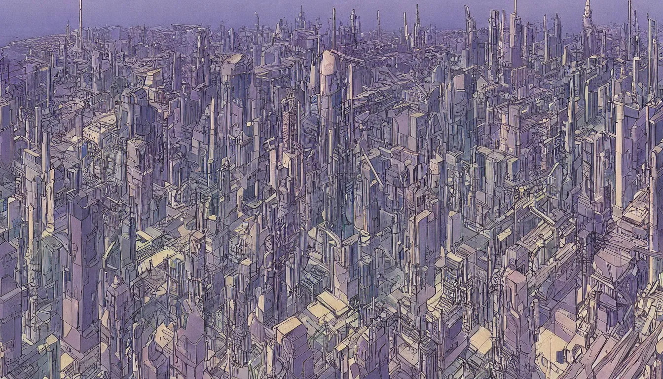 Image similar to futuristic city by moebius