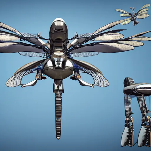 Image similar to a mechanized dragonfly with wings spread out, landing gear for legs, orthographic view, top down view, bottom view, side view, blueprints, mecha, helicopter, space shuttle, robotic, highly detailed, artstation, super realistic, unreal engine