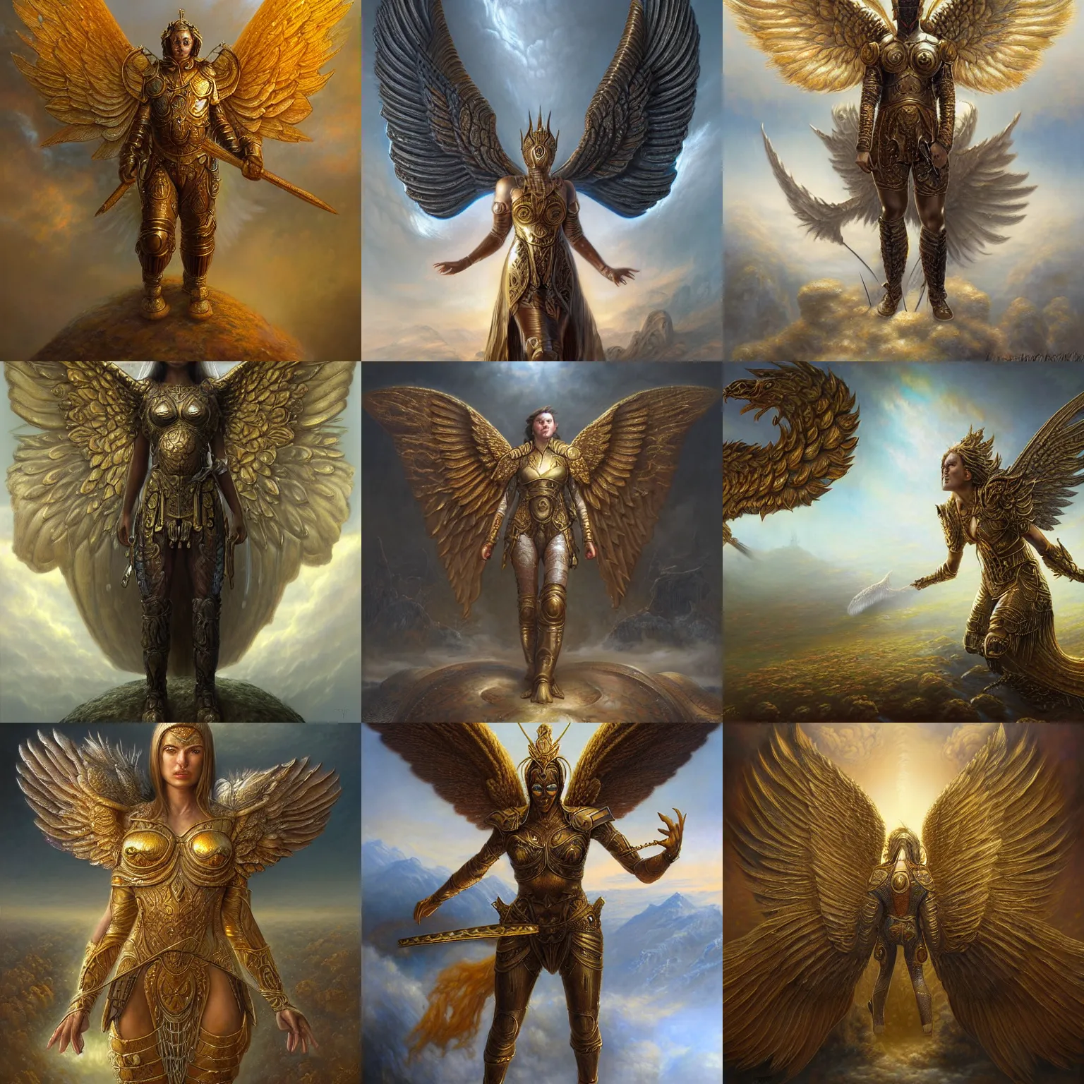 Prompt: warrior wearing golden armor with giant wings, ultra detailed, 8k, by Tomasz Alen Kopera and Tony Sart