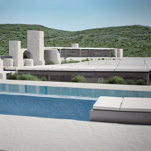 Image similar to architectural rendering of brutalism habitat 6 7 in the desert, biophilia style, pool, garden