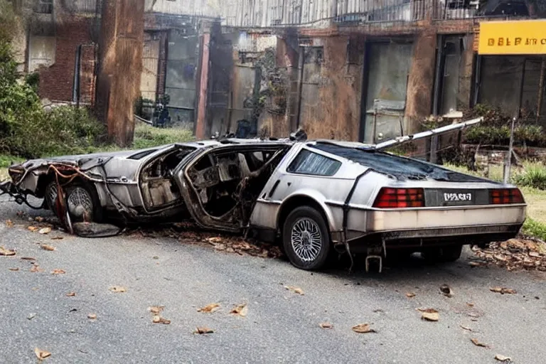 Prompt: rusty, derelict 2 0 2 2 delorean time machine being dragged by a tow truck