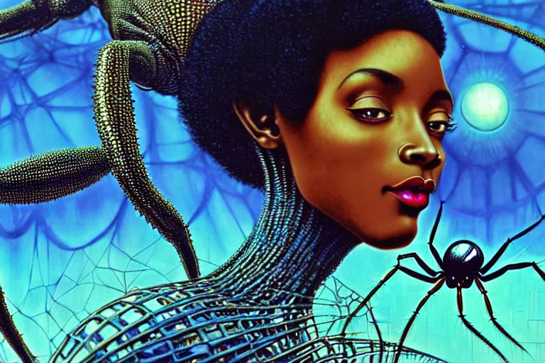 Image similar to realistic detailed photorealistic film portrait shot of a beautiful black woman with a giant spider, sci - fi city landscape background by amano, yves tanguy, alphonse mucha, ernst haeckel, max ernst, andrei tarkovsky, edward robert hughes, roger dean, necklace, dynamic pose, rich moody colours, wide angle, blue eyes