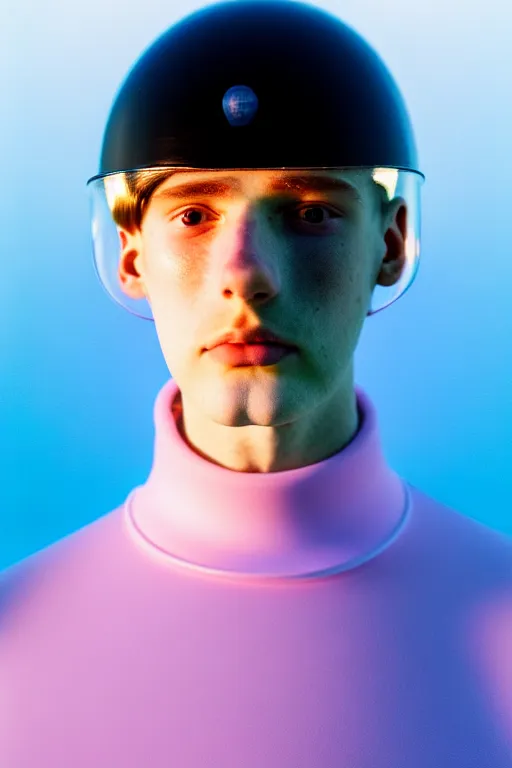 Image similar to high quality pastel coloured film mid angle portrait photograph of a beautiful young 2 0 year old male, soft features, short hair, perspex face visor and oversized inflated clothing!!!! icelandic black! rock pool environment. atmospheric three point light. photographic. art directed. ( pastel colours ). volumetric. clearcoat. waves. 8 k. filmic.