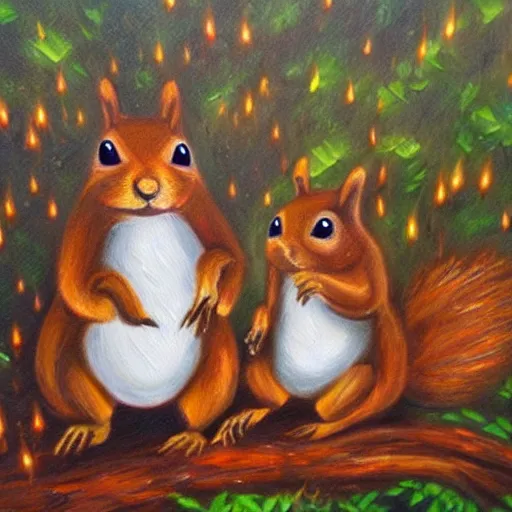 Image similar to beautiful oil painting of squirrels with glowing eyes hiding under foilage, raining at night