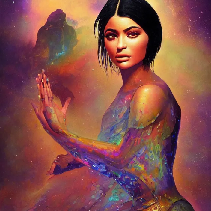 Image similar to kylie jenner as a goddess, abstract, concept art, digital painting, ornate, backlit, bokeh, deep aura, slight glow, by bruce pennington, by wayne barlowe