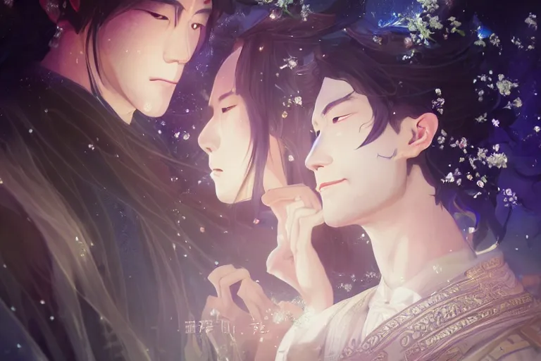 Prompt: a dreamlike portrait of wedding photograph close up moment of a divine a taiwan sun god and moon goddess lovers magician at a wedding banquet. portraiture. digital painting. artstation. concept art. fantasy wedding photo. digital painting, 8 k realistic, hyper detailed, by makoto shinkai and akihiko yoshida and hidari and wlop