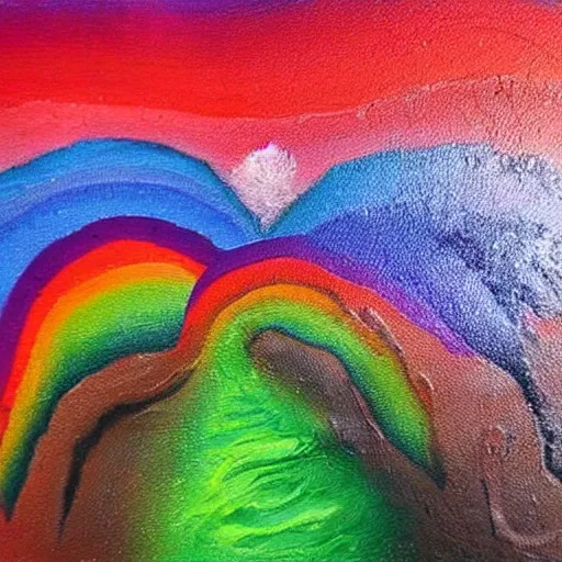 Prompt: the surreal flat painting of an image of a montain dripping rainbow lava artistic by yasemin karabenli