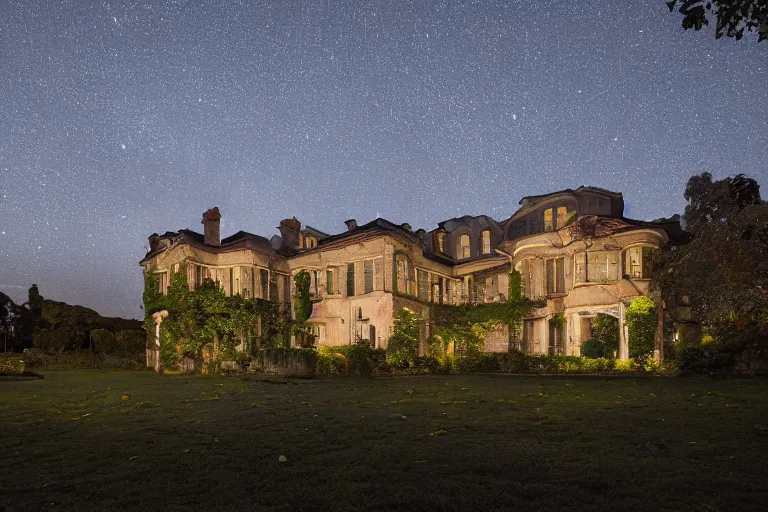 Image similar to luxurious but overgrown estate, night, golden moon