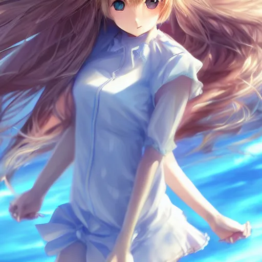 Prompt: a very beautiful anime cute girl, full body, long wavy blond hair, sky blue eyes, full round face, short smile, fancy top, miniskirt, front view, medium shot, mid-shot, highly detailed, cinematic wallpaper by Stanley Artgerm Lau