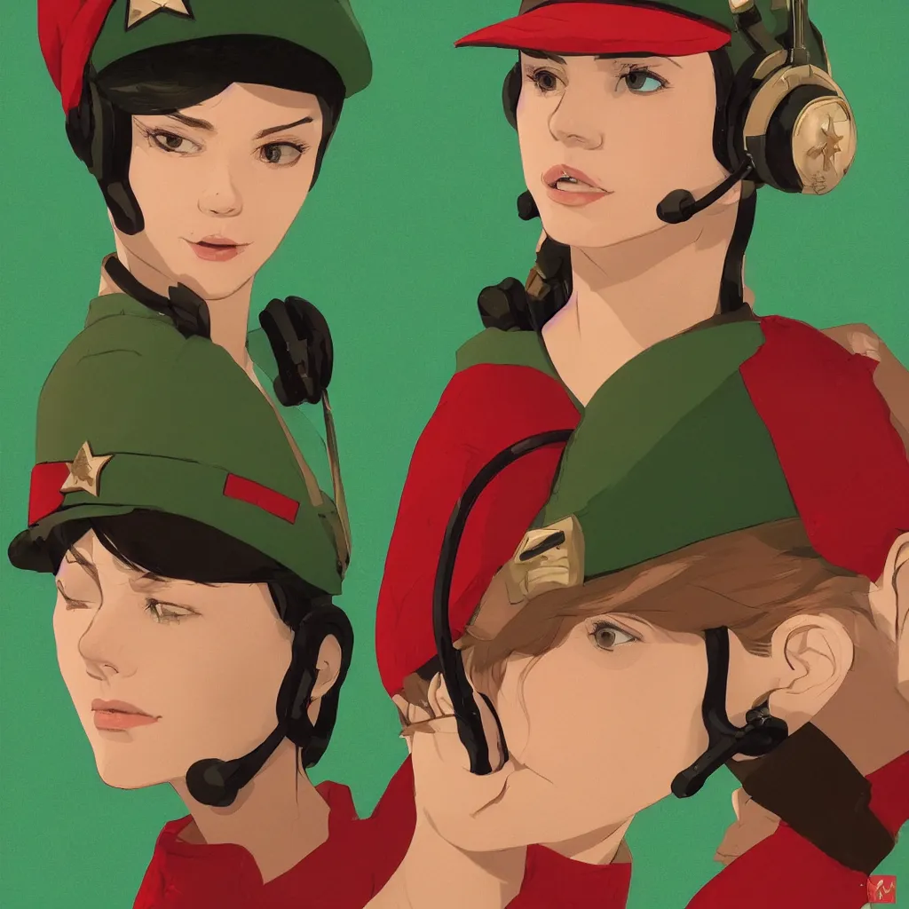 Prompt: a headset of a beautiful young woman character wearing a green military cap with a red star, by tomer hanuka and roxie vizcarra and frank stockton and greg rutkowski and victo ngai and ilya kuvshinov, simple portrait, character concept, 2 d character, soft lighting, masterpiece, cinematic, filmic