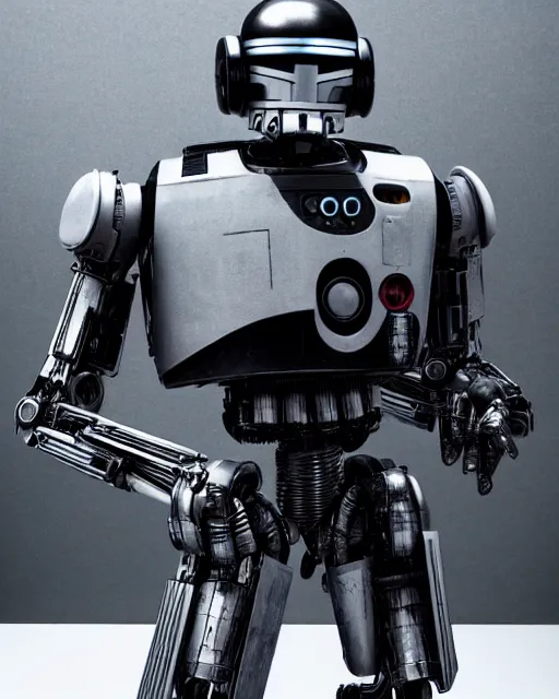 Prompt: Enforcement Droid Ed-209 from Robocop photographed in the style of Annie Leibovitz, Studio Lighting, Hyperreal