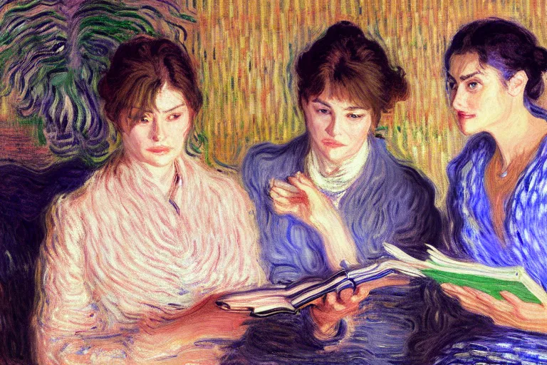Prompt: portrait of two wise and very beautiful women discussing some texts appearing in a computer screen, art by monet, intricate, elegant, highly detailed, smooth, sharp focus, artstation
