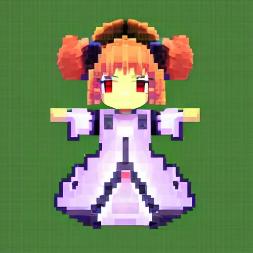 Prompt: ultra low poly modelling, in pixel art graphics, isometric view, 1 6 bit colors, from touhou, made in rpg maker, right side of chibi girl, brown jacket with long sleeves, pigtails hair, volumetric lighting, fantasy, intricate, hyper realistic, by blizzard, warcraft 3, backlit