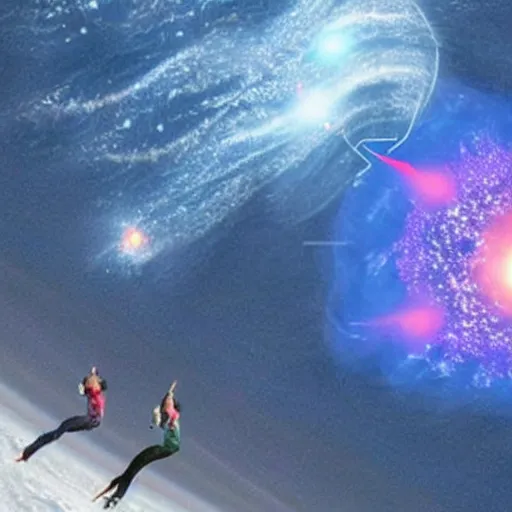 Image similar to people surfing in space on supernova's explosion