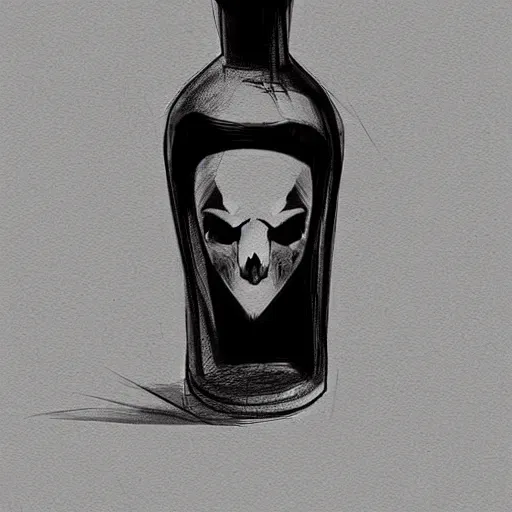 Image similar to a bottle that contains a potion, shaped like a fox skull stoppered. digital charcoal sketch. prop design. # digitalsketch # monochrome # sketch # ink # characterdesign # dndcharacter # charactersketch # characterconcept # conceptart